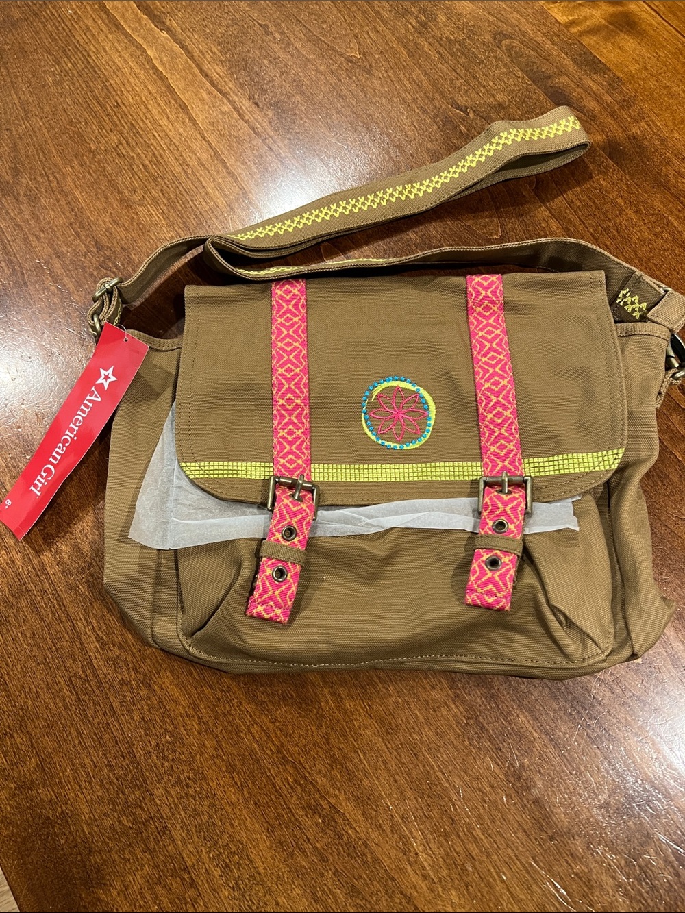 American Girl Lea’s Bag. Brown Canvas Crossbody Bag with Pink Trim